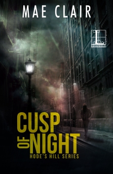 Book cover for Cusp of Night by Mae Can shows dark alley with a solitary figure below street lamp